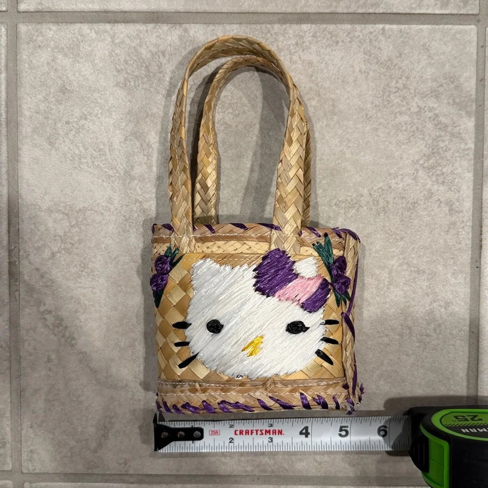 Hello Kitty Woven Straw Mini Tote Bag Sanrio Style Basket Purse Kawaii Summer - Picture 6 of 7
